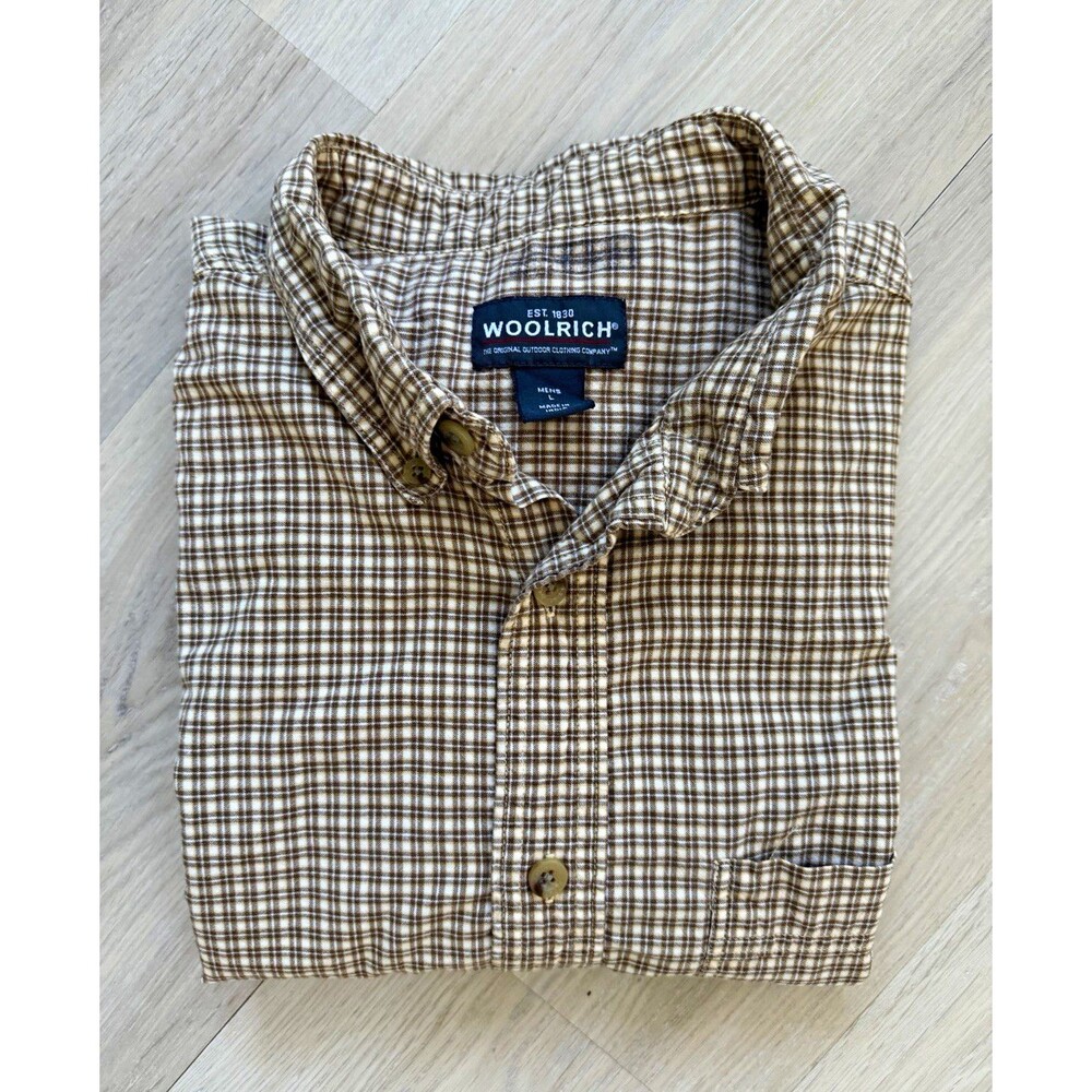 Woolrich Men L Brown White Check Woven Cotton Button-Down Pocket Shirt SS